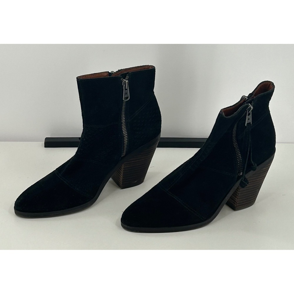 Lucky Brand Black Suede Perforated Ankle Boots Stacked Block Heel Side‎ Zip 7.5M